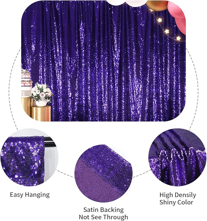 SquarePie Sequin Backdrop Curtain Not See Through Thick Glitter Background for Party 6FT x 8FT Purple