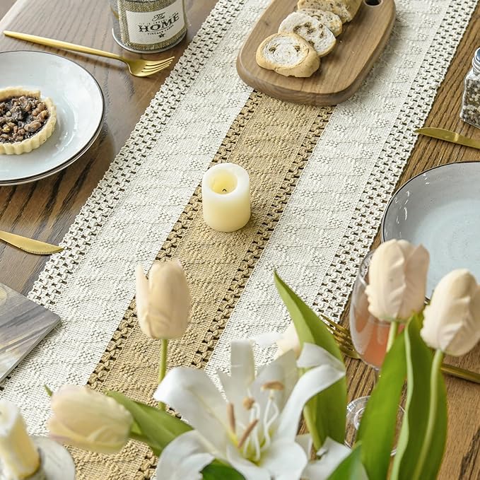Artoid Mode Burlap Brown Farmhouse Rustic Table Runner, Seasonal Holiday Hollow Kitchen Dining Table Decoration for Home Party Decor 12x72 Inch