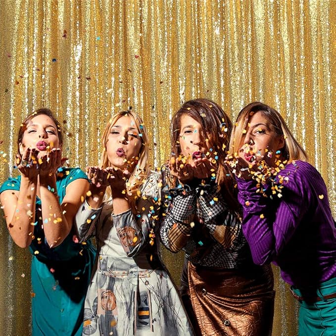 JYFLZQ Gold Sequin Backdrop Curtains 8ft x 8ft 1 Panel Glitter Photo Booth Backdrops Sparkly Photography Background Drapes for Parties Wedding Bridal Showers