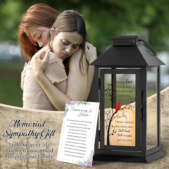 Decorative Candle Lantern for Memorials, Metal and Glass, 14.2 Inch
