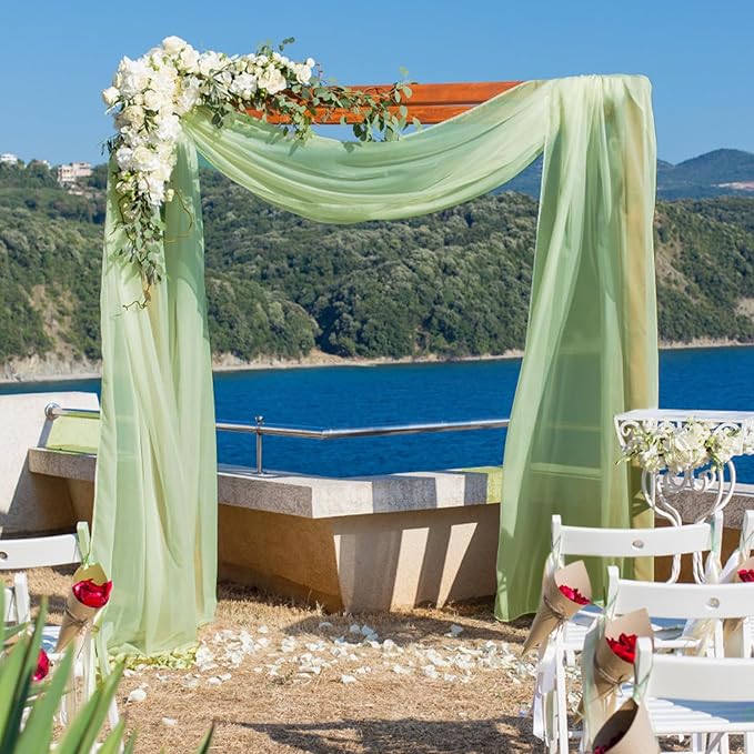 VOK Sage Green Wedding Arch Draping Fabric 29in x 18Ft 4 Panels Sheer Chiffon Curtain Drapes Extra Long for Outdoor Wedding Ceremony Birthday Party Decoration