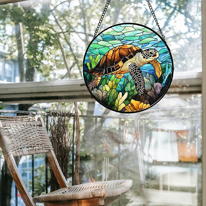 Stained Glass Window Hanging - Cute Sea Turtle Suncatcher for Door Garden Yard Blue Ocean Sun Catchers Decor Christmas Mother's Day Birthday Children's Gifts for Women Mom Nana Friend 6.3 in