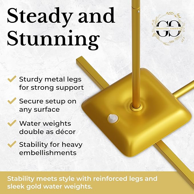 Metal Arch Backdrop Stand and Cover Set – 3 Gold Frames (7.2ft, 6ft x2) with White Wrinkle-Free Spandex Covers, Water Weights, Bags & Case – Wedding, Birthday, Baby Shower, Party Decor