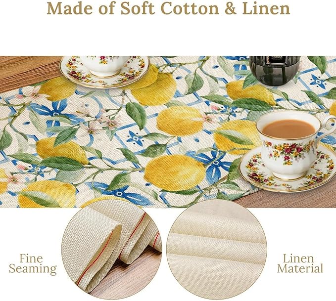 Lemon Table Runner,Watercolor Fruit Green Leaves Spring Summer Table Cloth Kitchen Dining Table Home Party Decoration 13x120 Inch