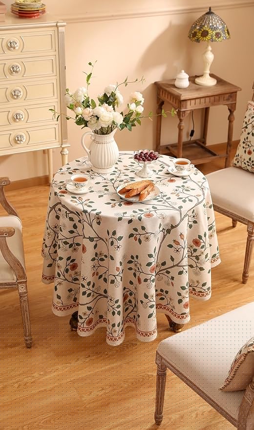 ISAENNE Designer Floral Small Round Tablecloth,French Linen Light Beige Indoor Table Cloth,Fall Wrinkle Resistant Decor Tablecloths for Dining Thanksgiving Kitchen Party,Diameter 55"-Flora A