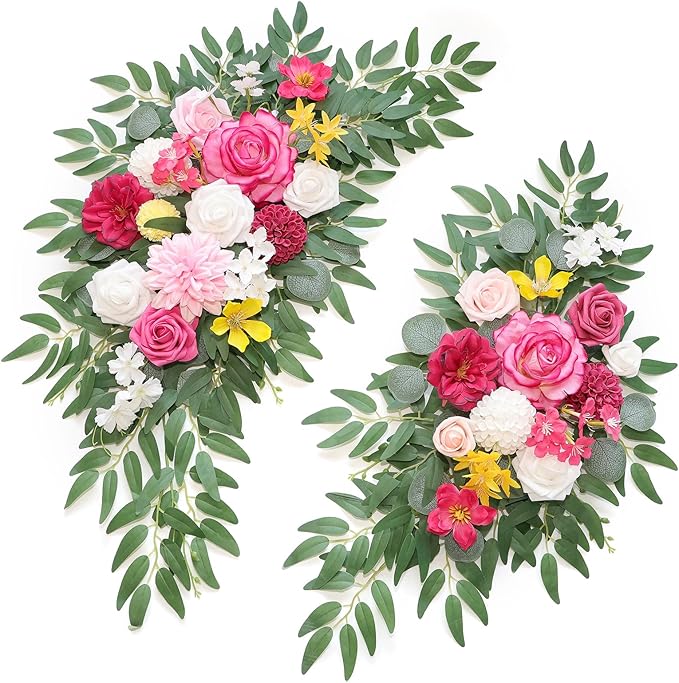 Artificial Flower Swags Bright Pink Silk Rose Arch Kit 2 Pack