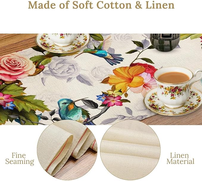 Hummingbird Table Runner,Vintage Floral Country Style Table Cloth Home Kitchen Restaurant Party Decoration 13x36 Inch