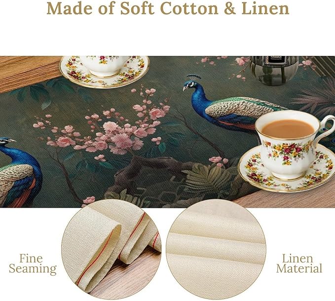 Peacock Table Runner,Vintage Aesthetic Peacock Birds Table Runner for Home Kitchen Dining Party Indoor Outdoor Decoration 13x108 Inch