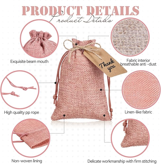 Burlap Drawstring Gift Bags 100 Pack with Kraft Tags and Hemp Rope