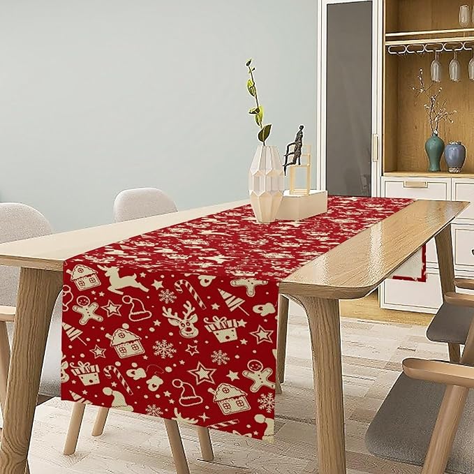 Christmas Table Runner,Seasonal Winter Deer Table Decoration Snowflake Table Cloth Kitchen Dining Table Decoration for Home Party Decor 13x60 Inch
