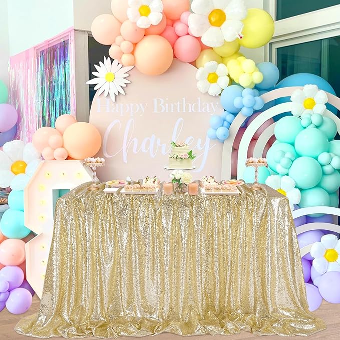 QueenDream Light Gold Tablecloth Party Decorations: Sequin Fabric Cover Drapes 60x102 Inch Tablecloth 16st Birthday Cake Table Graduation Decor