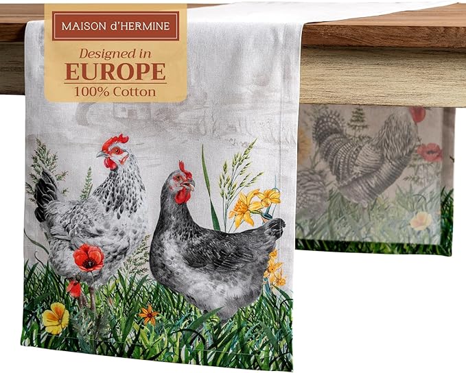 Maison d' Hermine Table Runner 100% Cotton Single Layer Table Runners 108 inches Long Decorative for Home Kitchen Dining Party Wedding Bridal Shower Spring Summer (Basse Cour, 14.50" x 108")