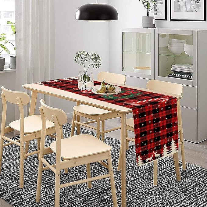 Christmas Table Runner, Red Winter Xmas Holiday Table Cloth Kitchen Dining Table Decoration for Home Party Decor 13x90 Inch