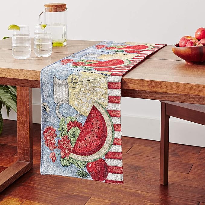 Tache Blue Summer Table Runner 90 Inches Long Fruity Drinks Colorful Watermelon Lemonade Decorative Spring Summer Blue Red Woven Tapestry Long Kitchen Coffee Dining Table Runners