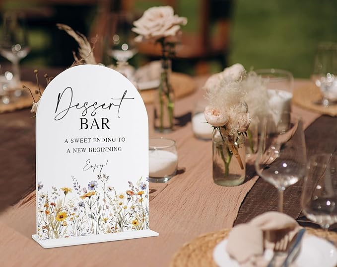 Wedding Signs for Ceremony and Reception, Boho Floral Acrylic Dessert Bar Sign, Wedding Signage with Stand, Bridal Shower Table Centerpieces, Supplies for Engagement Reception and Event Party, 25