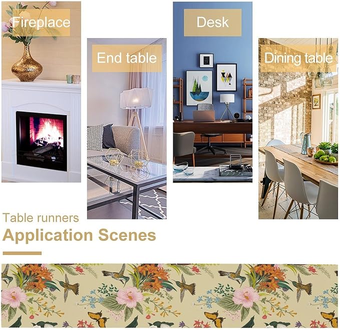 Brown Bird Floral Table Runner Spring Flower Kitchen Table Decoration Suitable for Family Dinner Decoration 13x120 Inch