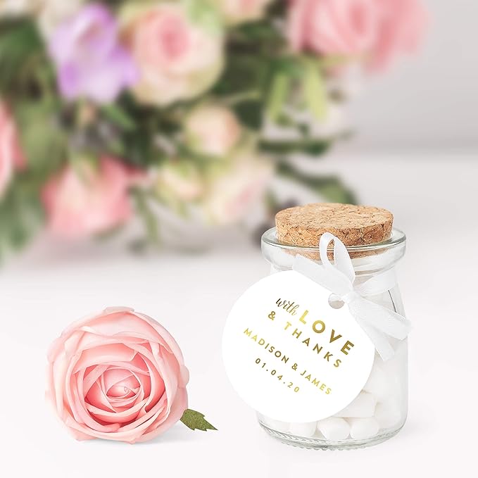 Andaz Press Personalized Round Circle Wedding Gift Tags, Metallic Gold Ink, with Love and Thanks, 24-Pack, Custom Made Any Name