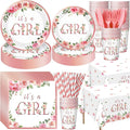 452 Pcs Pink Floral Baby Shower Party Supplies Include It's a Girl Baby Shower Paper Plates Cups Napkins Tablecloth Cutlery Straws for Pink Flower Girl Gender Reveal Birthday Party