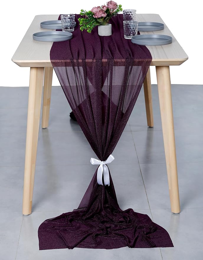 MDS Halloween Chiffon Table Runner - 20 Pack, 29 x 170 Inches, 14ft Each - Sheer Spooky Table Runners for Haunted House Parties, Trick-or-Treat Tables, Witchy Décor, Wedding & Events - Eggplant