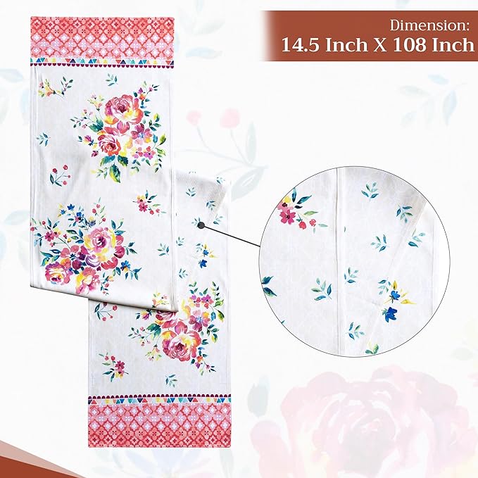 Maison d' Hermine Table Runner 100% Cotton Double Layer Table Runners 108 inches Long Decorative for Home Kitchen Dining Party Wedding Bridal Shower Spring Summer (Rose Garden, 14.50" x 108")