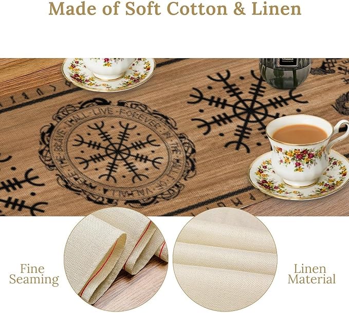 Viking Tree of Life Table Runner, Wooden Printed Eagle Dragon Boat Rudder Seasonal Kitchen Dining Table Decoration for Home Party 13x90 Inch