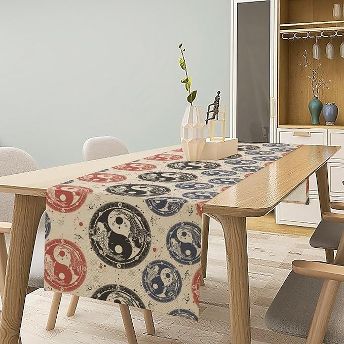 Yin Yang Table Runner, Vintage Mid Century Traditional Oriental Koi Fish Mystical Celestial Moon Stars Print Table Runner for Kitchen Dining Table Party Decor, 13x90inch