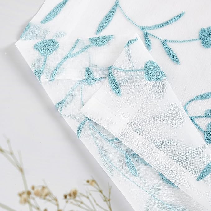 Sheer Curtains White-Blue Embroidery 63 Inch Length Rod Pocket Voile Drapes for Living room, Bedroom, Window Treatments Semi Flower Pattern Curtain Panels for Yard, Farmhouse, Set of 2, 52"x 63".