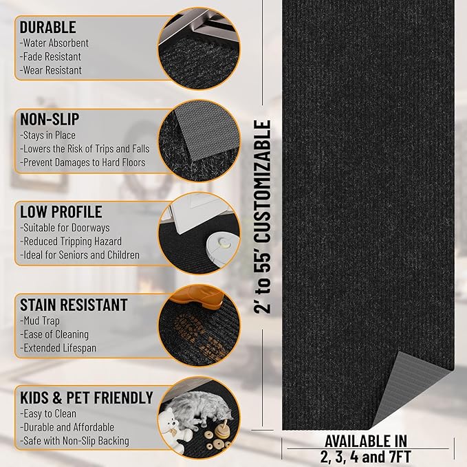 Ottomanson 3'11" x 10' Hallway Runner with Scraper Pile - Extra Durable Non-Slip Rug Mat for Indoor & Outdoor Use - Ideal for Kitchen, Entryway & Garage - High-Traffic Carpet, Black