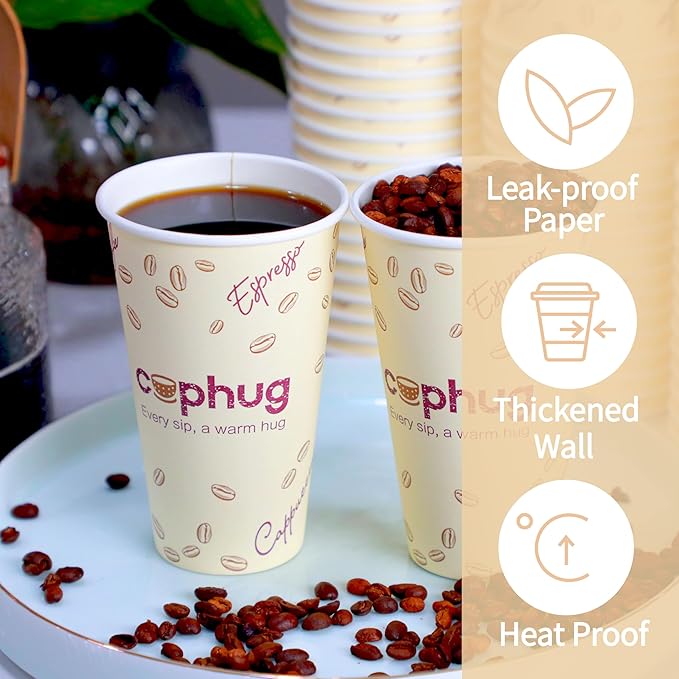 Coffee Cups 16 oz Yellow Paper, 100 Pack with Lids and Sleeves