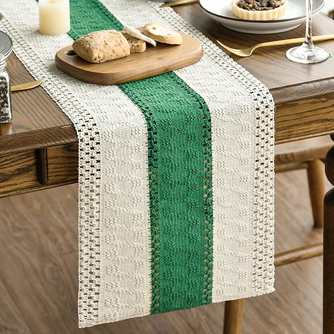 Artoid Mode Dark Green Farmhouse Rustic Table Runner, Seasonal Holiday Hollow Kitchen Dining Table Decoration for Home Party Decor 12x90 Inch
