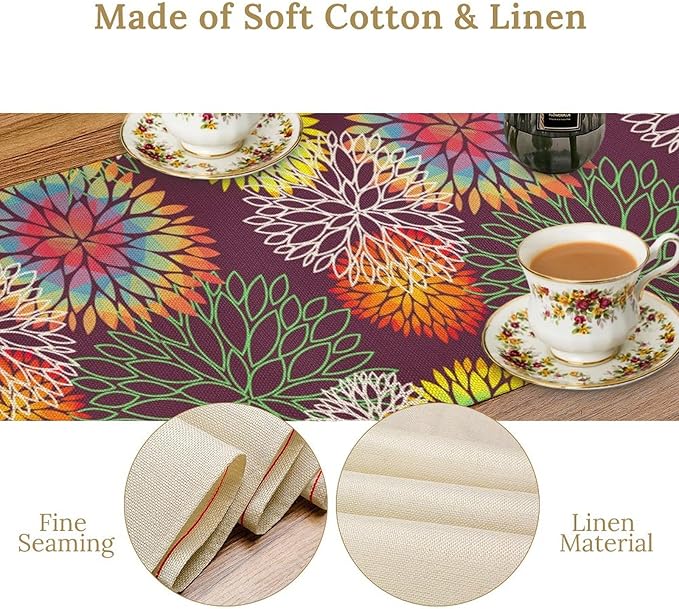 Brown Dahlia Flower Table Runner, Linen Geometric Pattern Floral Table Decor Spring Farmhouse Decorations for Kitchen Dining Holiday Party Decor, 13x108 Inch