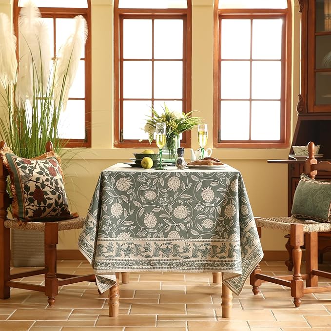Tablecloth 55 x 71 Inch Rectangular, Grayish Green Linen-Blend Floral