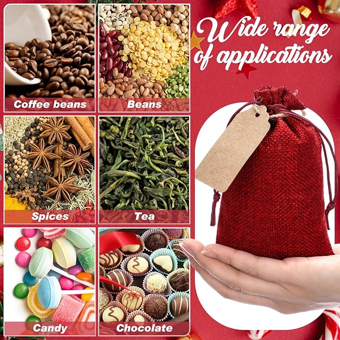 Gift Bags, 100 Burgundy Burlap Drawstring Pouches with Kraft Tags