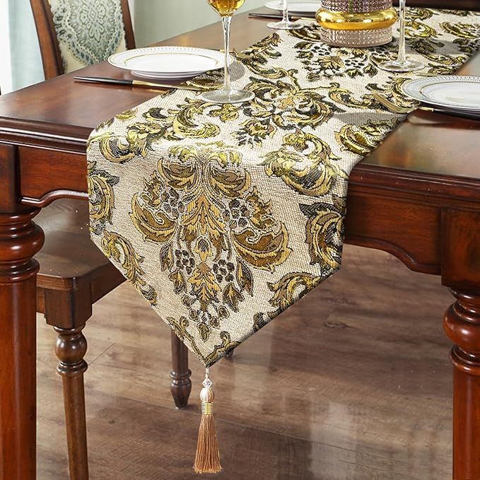Large Dinner Room Table Runner Jacquard Chenille Luxury Floral Tablecloths Beige (13*120 inch)