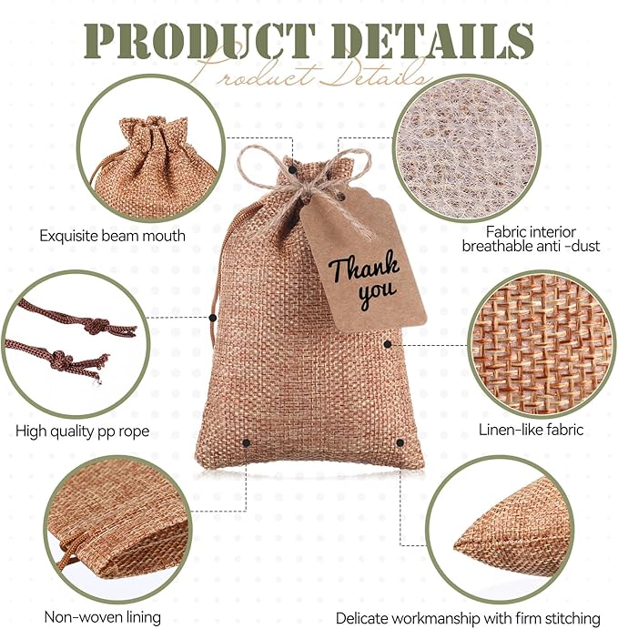 Burlap Gift Bags 100 Pack, 4 x 6 Inch Drawstring with Kraft Tags