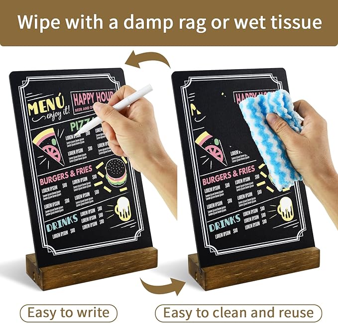 6 Pack Small Chalkboard Signs With Stand, 8x5'' Table Top With Wooden Base, Double-Sided Mini for Food Message Boards Restaurant Bar Party Store Decoration