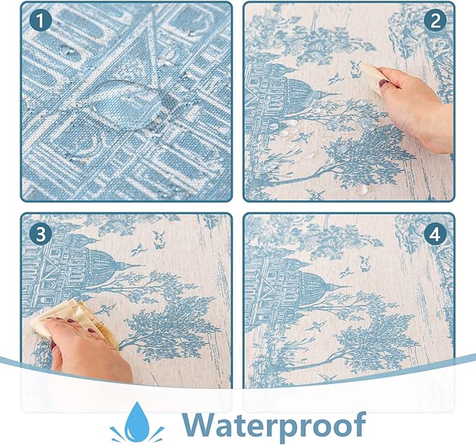 MYSKY HOME Linen Vintage Rectangle Tablecloth 60x102 Inches, Blue Castle Print Table Cloth for Dining Table I Tabletop I Parties/Outdoor I Spring/Summer Waterproof Fabric Farmhouse Tablecloth