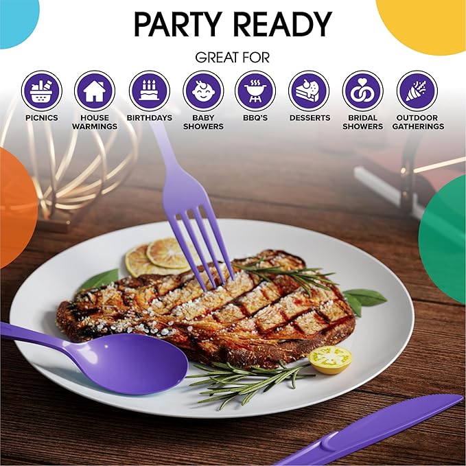Plastic Cutlery Set 300 Pieces Purple Forks, Spoons and Knives