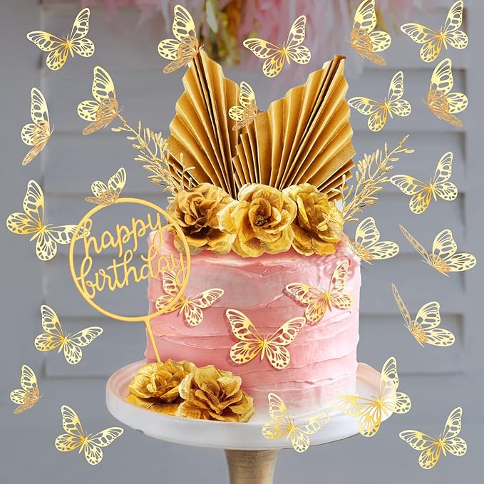 Shimeyao 52 Pcs Wedding Birthday Gold Cake Decoration Boho Cake Topper Pink Purple Flower Butterfly Palm Leaves Balls Toppers for Women Baby Shower Party Decoration(Gold)