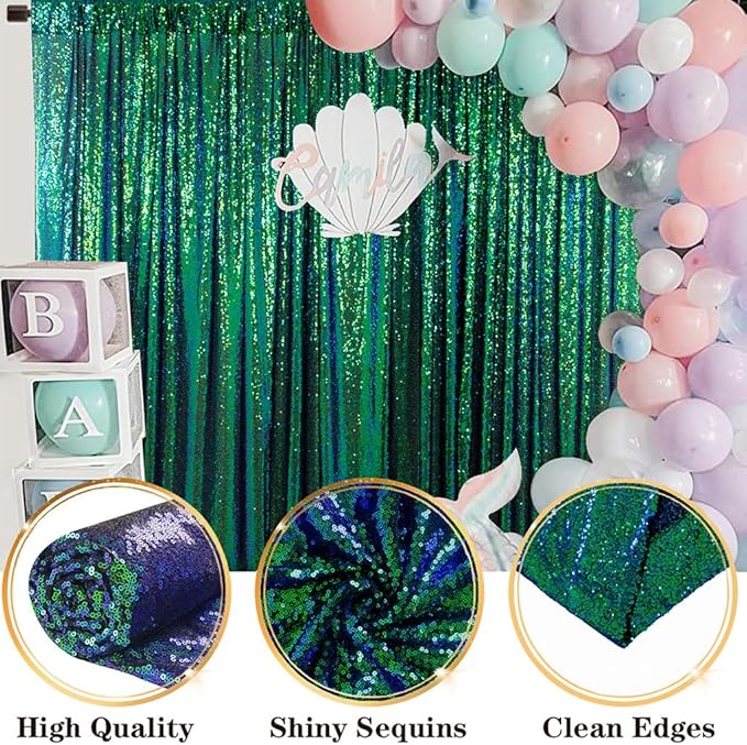 Sequin Backdrop Curtain, 10 x 10 ft Green Party Photo Backdrop, Seamless Single Panel