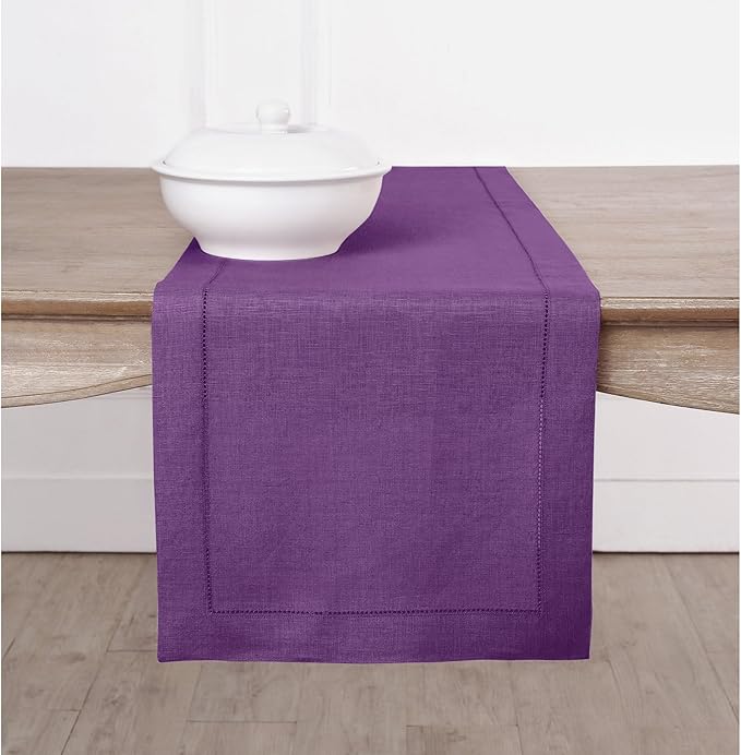 Solino Home Linen Table Runner 90 Inches Long - Classic Hemstitch 100% Pure Linen Purple Dining Table Runner 14 x 90 Inch for Fall, Autumn, Halloween, Thanksgiving, Holiday