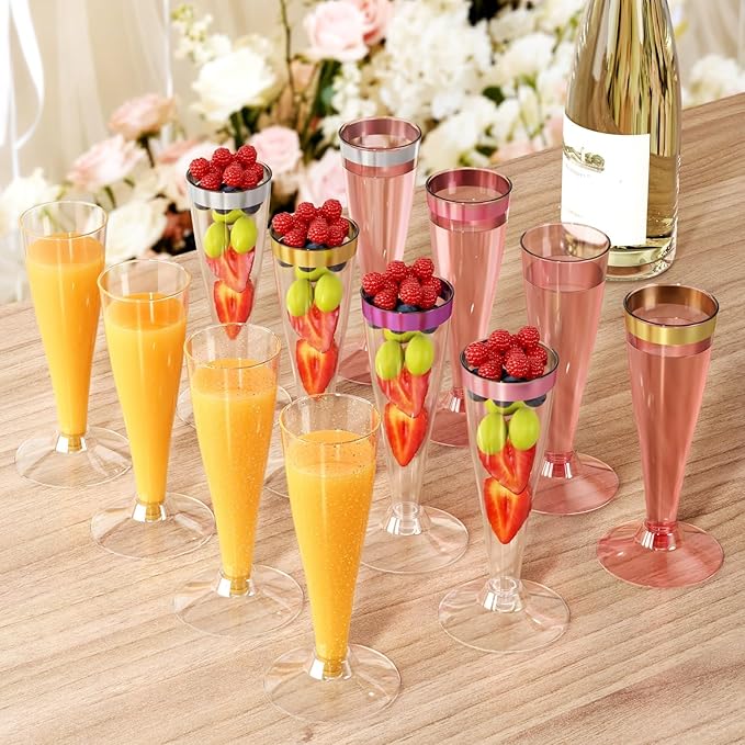 20 Pack Champagne Flutes Plastic Wine Glasses Disposable, 4.5 Oz Gold Rim Mimosa Glasses for 2025 Engagement Wedding Birthday New Years Eve Xmas Party Supplies, Bulk Toasting Cocktail Cups