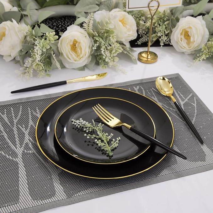 Plastic Party Plates, 60 Count, Black with Gold Rim, BPA Free