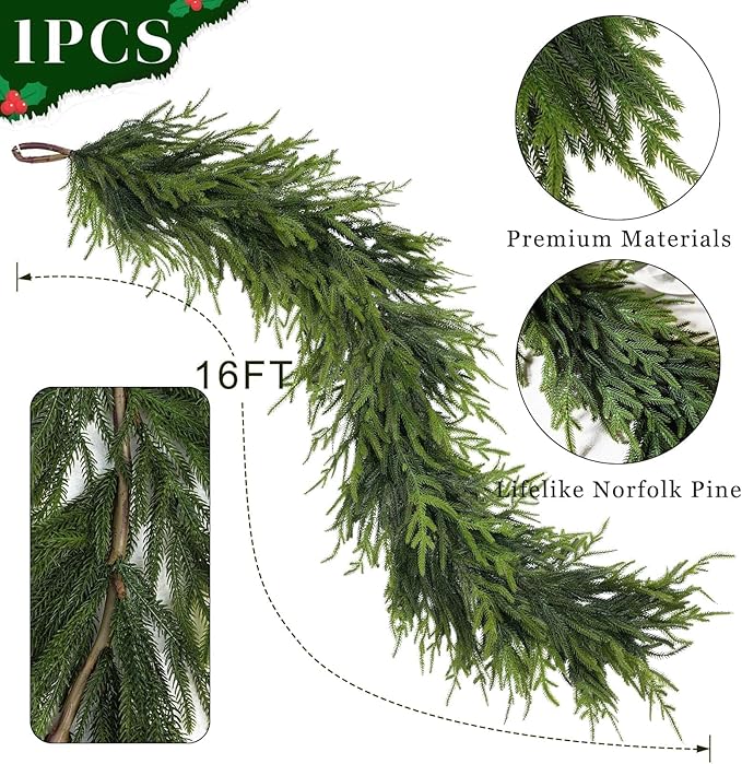 Garland 16 Ft Green Norfolk Pine Christmas Decor with Flexible Metal Frame