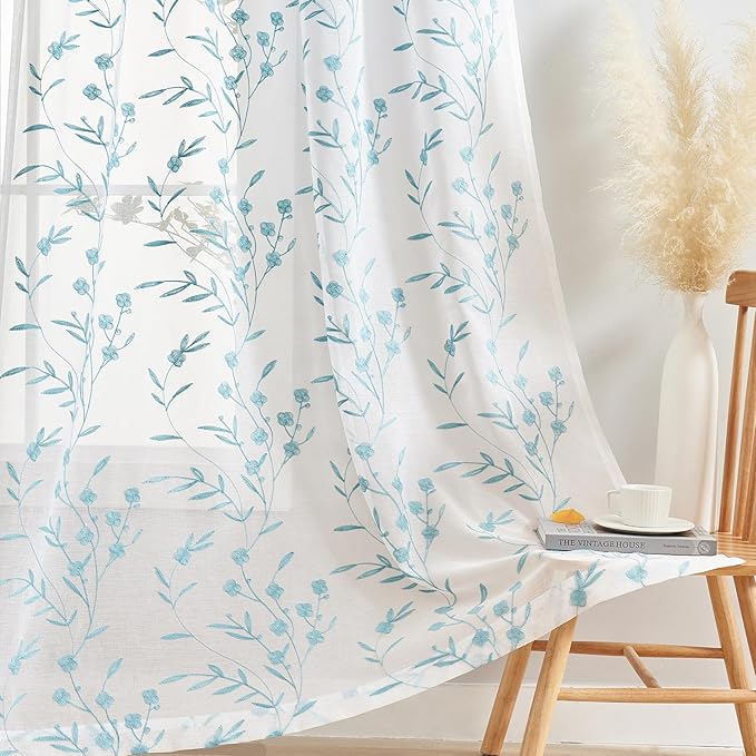 White Embroidery Sheer Curtains White-Blue 95 Inches, Floral Window Treatments Rod Pocket Drapes for Living room, Bedroom, Semi Voile Curtain Panels for Yard, Patio, Villa, Parlor, Set of 2, 52"x 95".