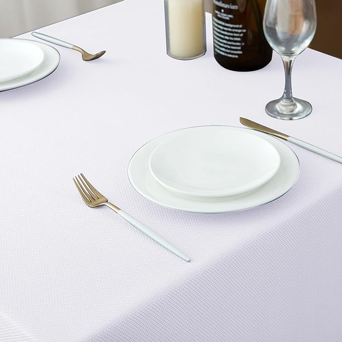 Biscaynebay Textured Fabric Tablecloths 90x156 Inches Rectangular, White Water Resistant Tablecloths for Dining, Kitchen, Wedding and Parties etc. Machine Washable