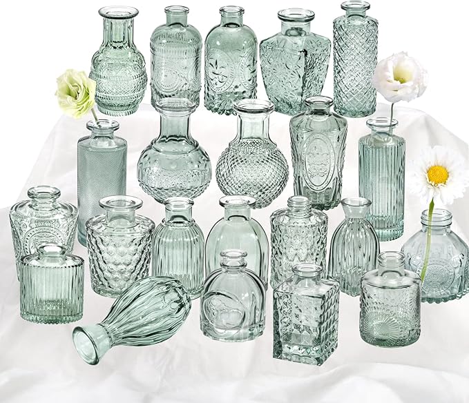 Green Glass Bud Vase Set of 22, Small Vases for Flowers, Clear Glass Vases for Centerpieces, Mini Bud Vases in Bulk Rustic Wedding Decorations, Centerpieces, Vintage Look Home Table Flower Decor