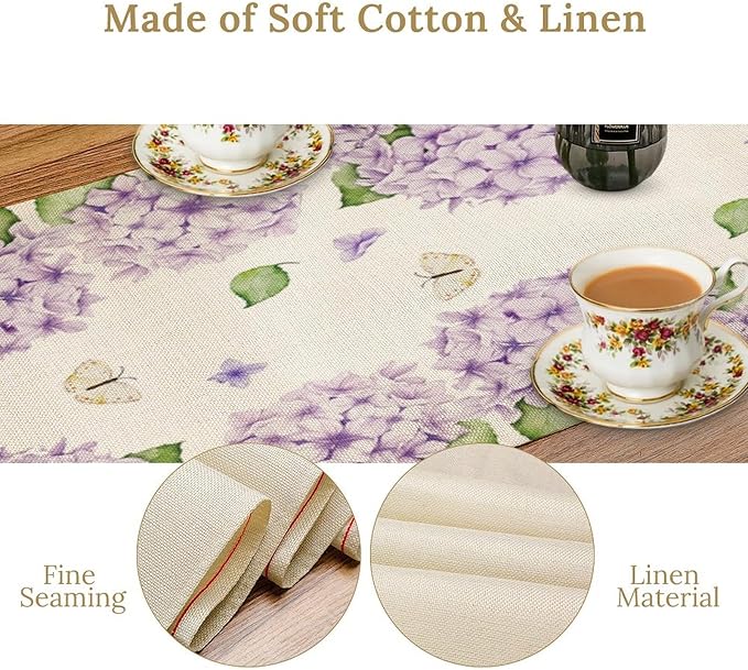 Watercolor Hydrangea Flower Table Runner, Spring Summer Seasonal Plants Butterfly Pink Lavender Dinner Runner for Home Kitchen Dining Table Party Holiday Decoration 13"x108"