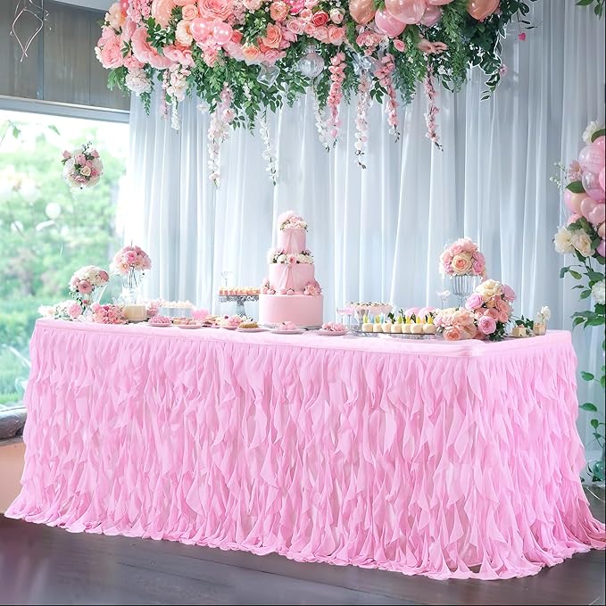 Partisky Pink Tulle Curly Willow Table Skirt for Rectangle Table 9ft, Ruffle Tutu Table Cloth for Girls Baby Shower,Birthday Party Candy Cake Tables
