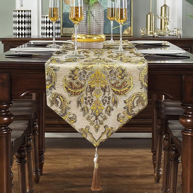 Luxury Table Runner Chenille Embroidered Jacquard Triangle with Pretty Tassels - Beige 13x60 inches